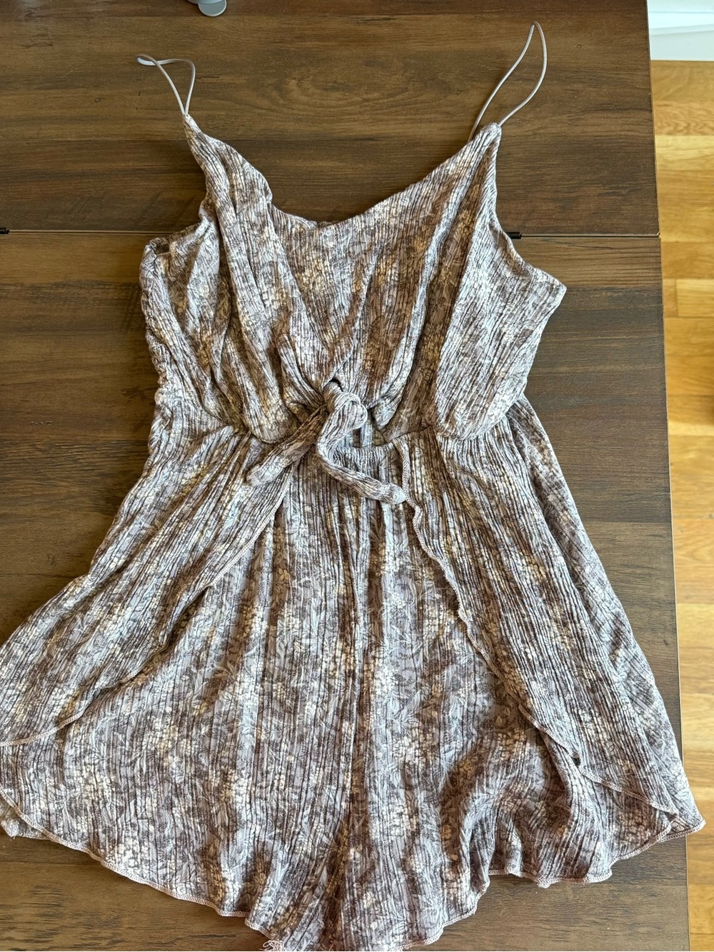 Lightweight Taupe Brown Tie-Front Spaghetti Strap Women's Romper